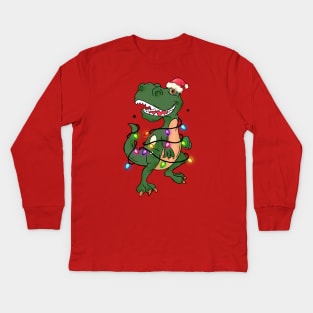 Tree Rex T-rex Christmas Lights Funny Dinosaur Christmas Tree Kids Long Sleeve T-Shirt